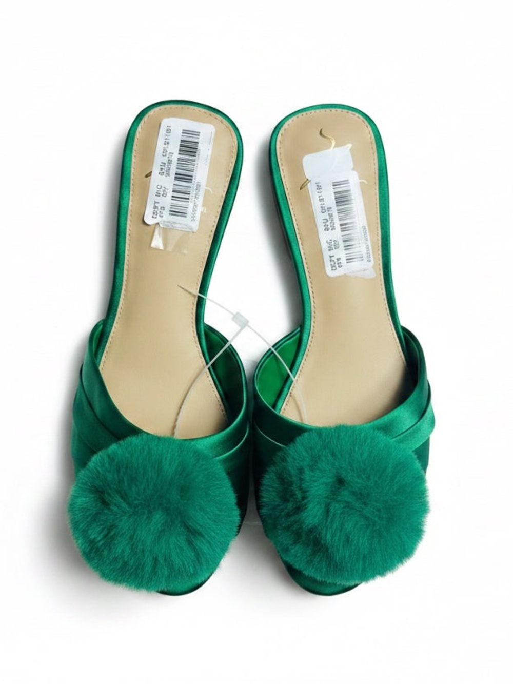 ANTONIO MELANI Emerald Satin Pom-Pom Sandals